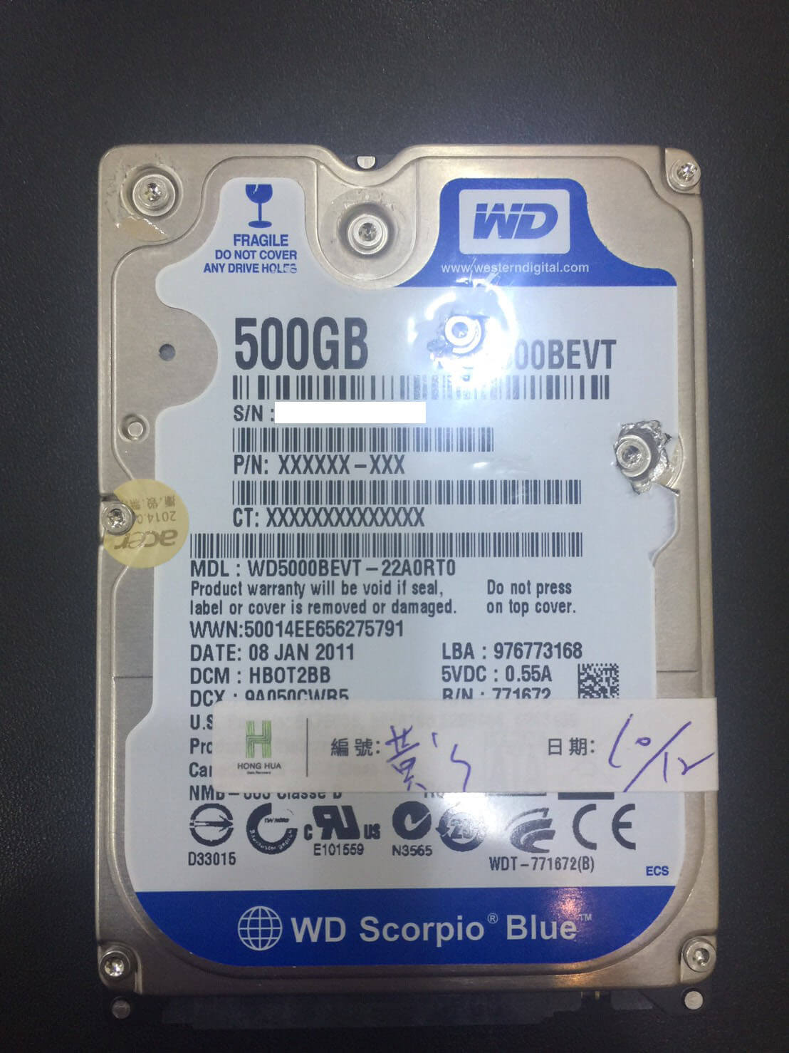 WD 500G (WD5000BEVT) 硬碟資料救援