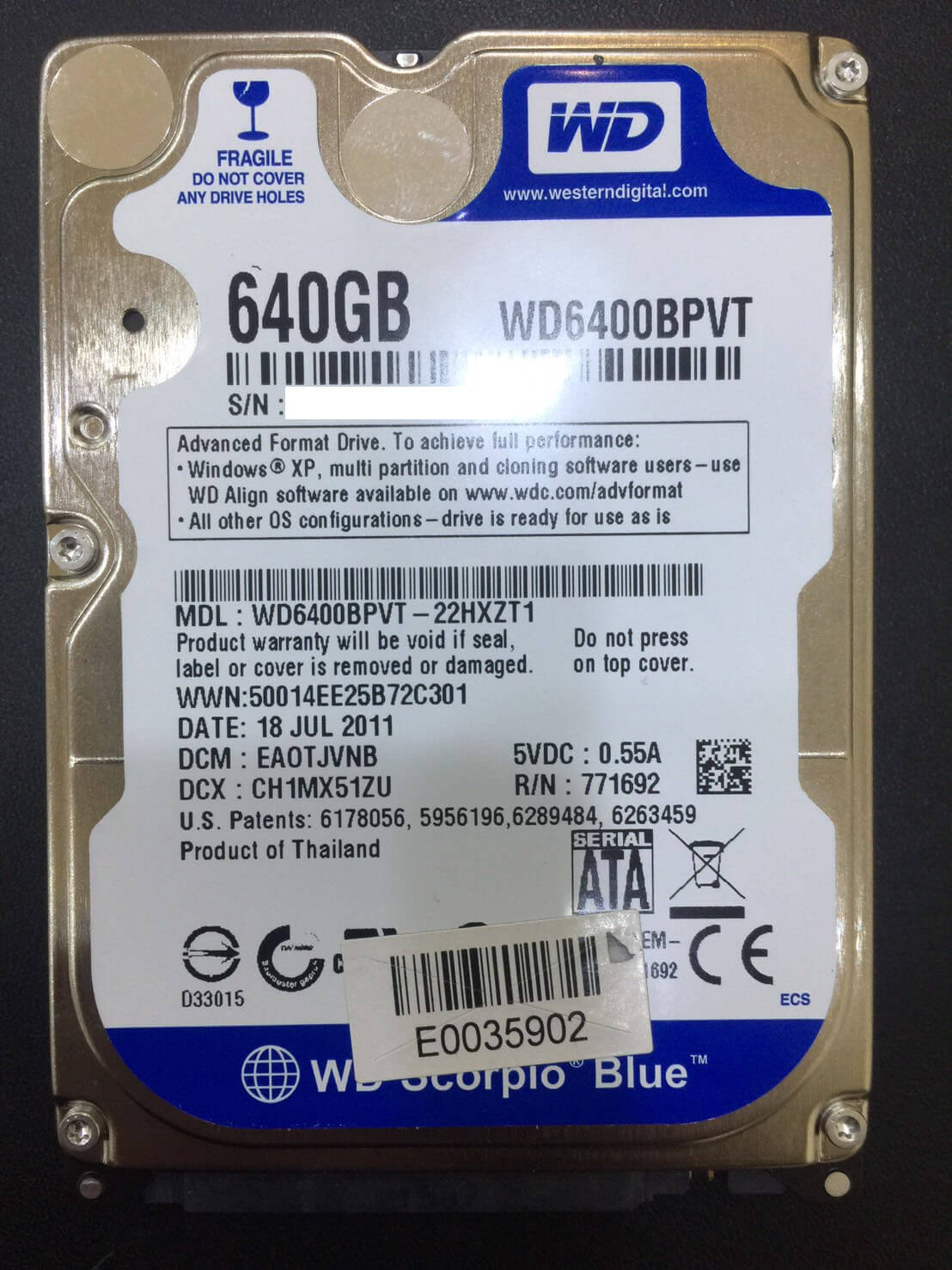 WD 640G(WD6400BPVT)硬碟資料救援